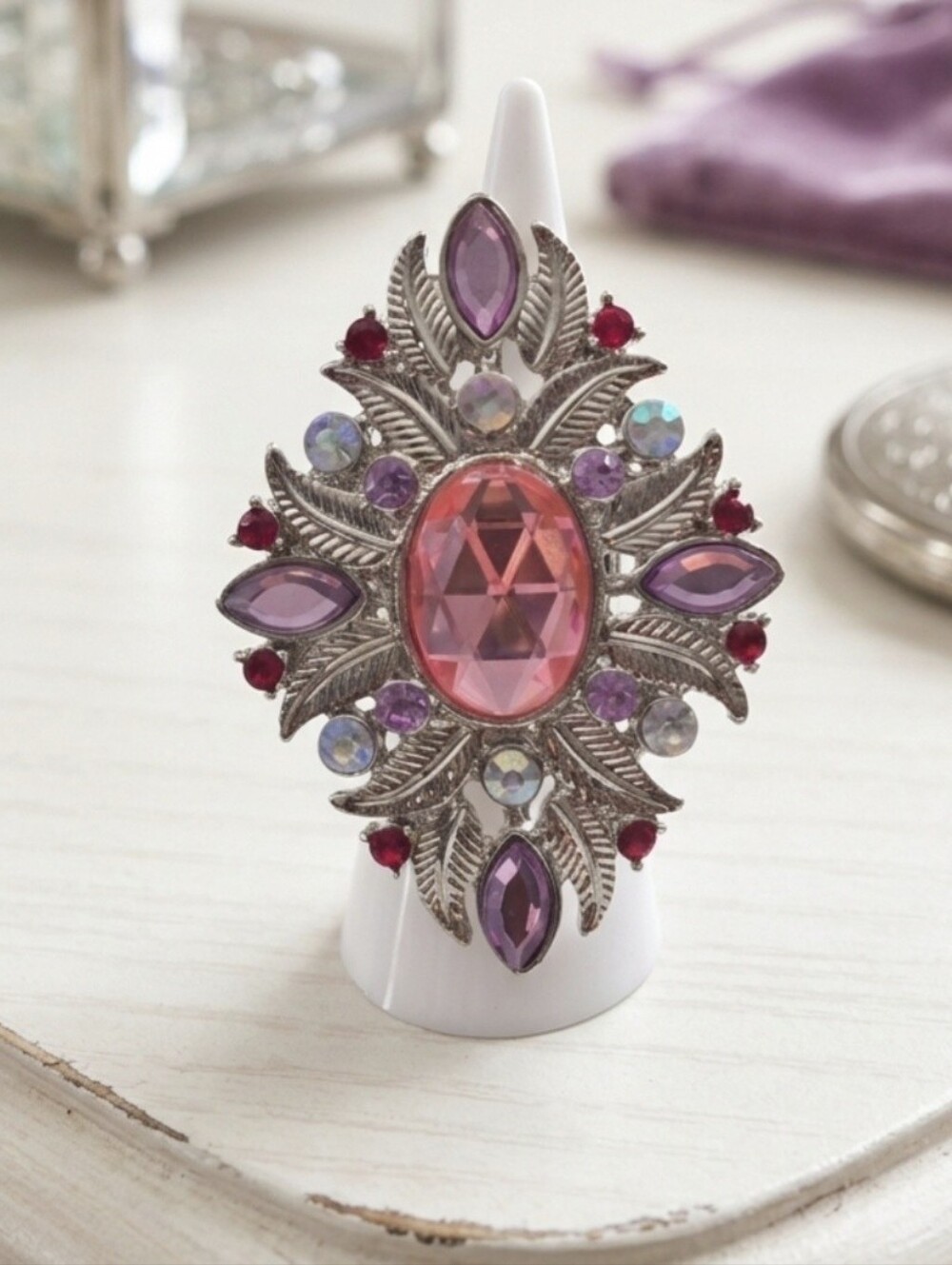 Vintage-Inspired Pink and Purple Crystal Statement Ring